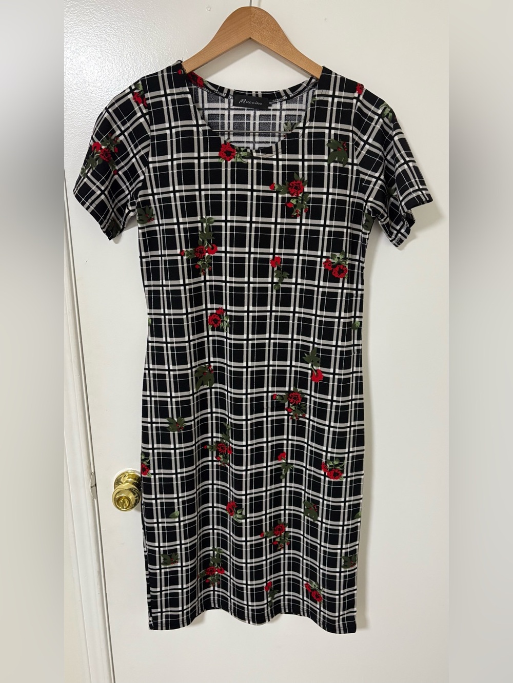 Plaid Black Midi Dress with Red Floral Print - Short Sleeve